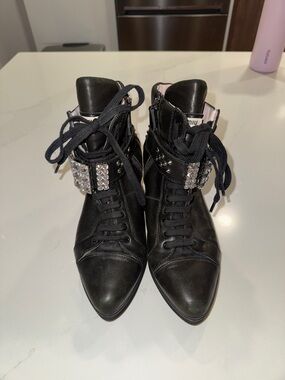 Miu Miu Black Leather Lace-Up Ankle Boots with Crystal Strap